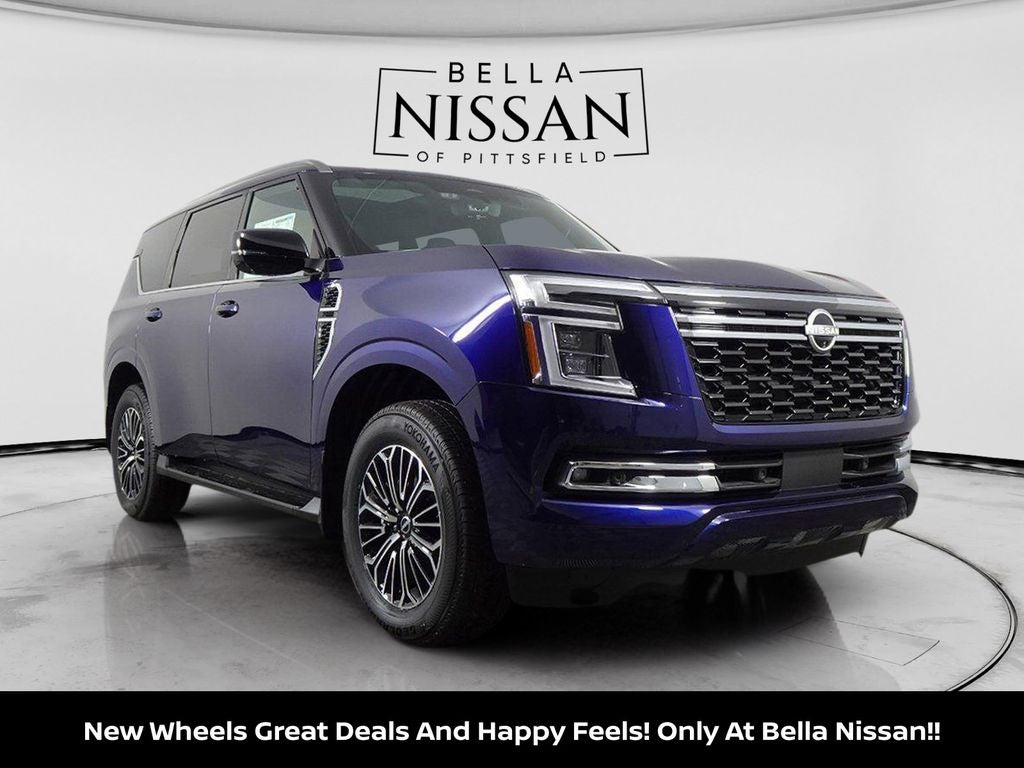 2025 Nissan Armada Platinum in Deep Ocean Blue Pearl — front three-quarter view